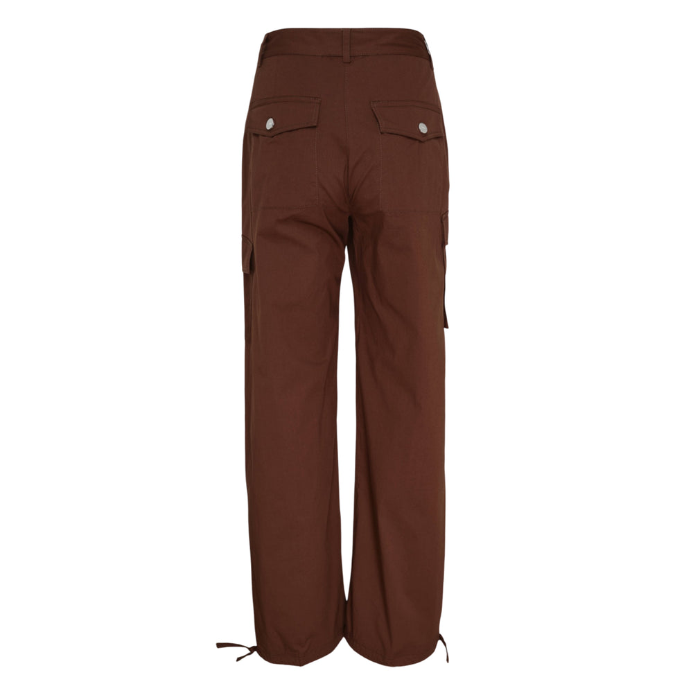 Ganni Stretch Cotton Cargo Pants in chocolate brown with mint snap hardware, cargo pockets, and adjustable ankle ties