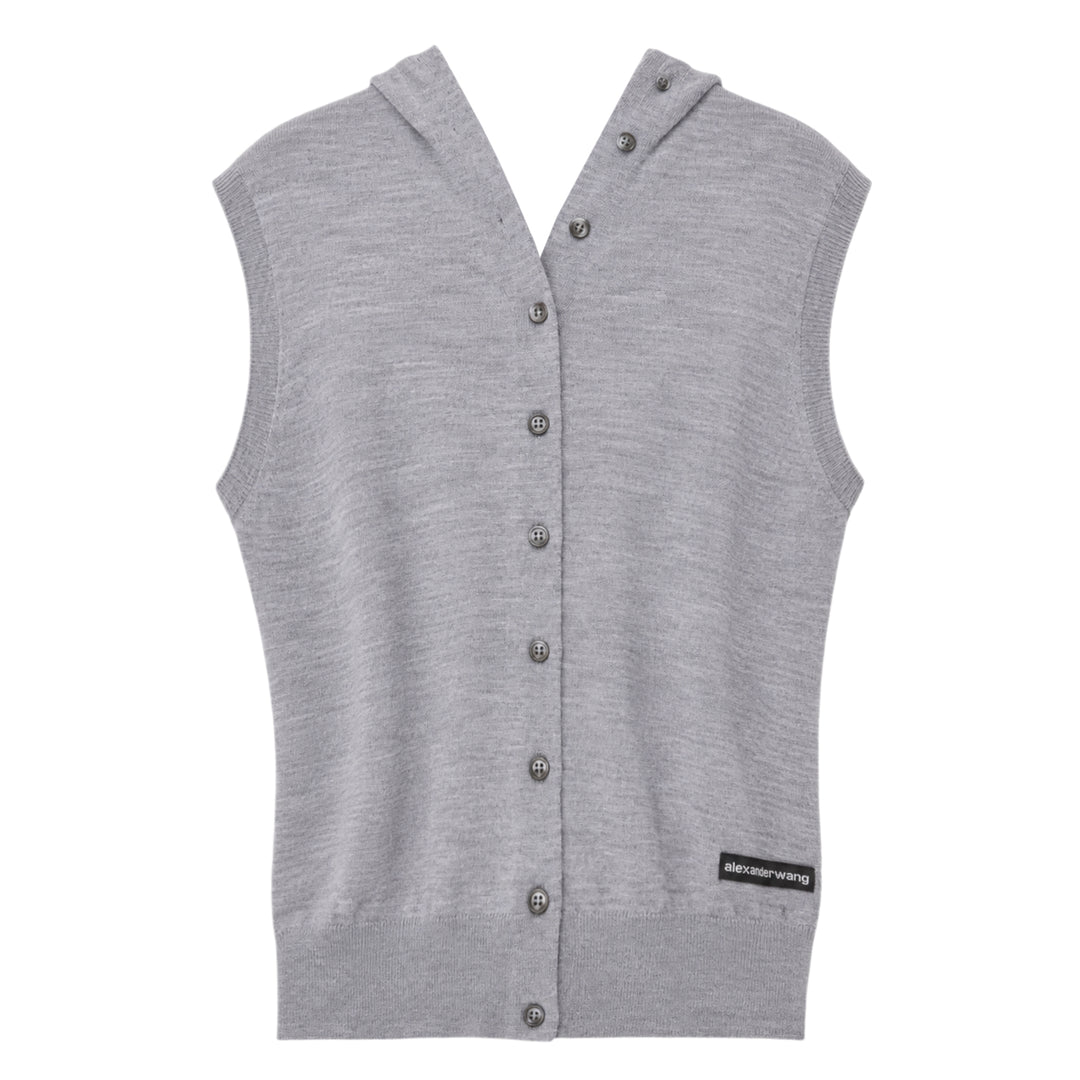 Alexander Wang heather grey hooded tank cardigan with full button-down front closure, ribbed trim, and woven brand label at hem