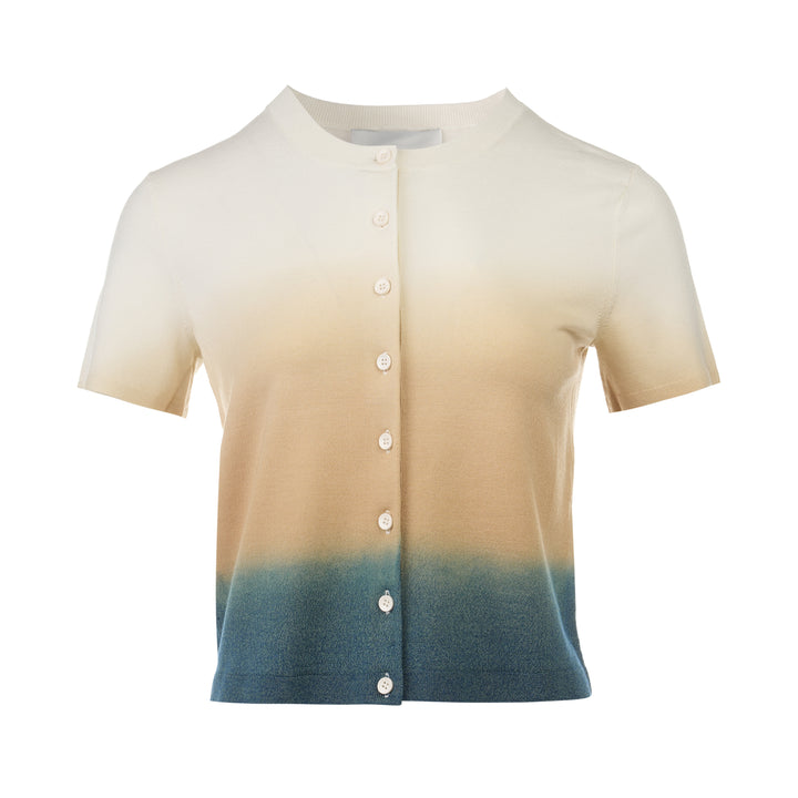 3.1 Phillip Lim lightweight short sleeve knit cardigan with an ombre gradient from ivory at the top through warm sand to slate blue at the hem, featuring white button fastening and a round neckline