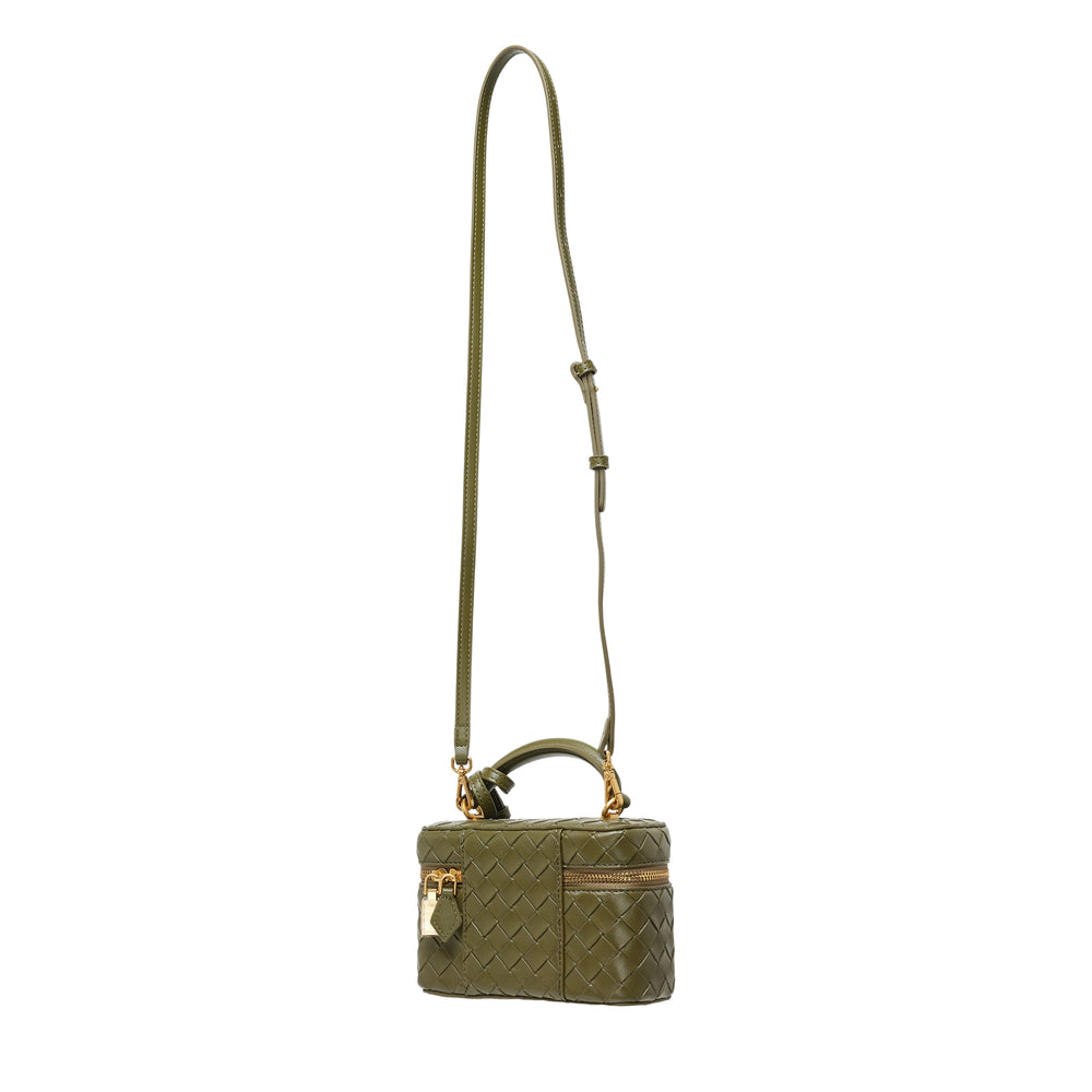 JW PEI Cleo Woven Texture Box Bag in olive green with intrecciato weave, gold-tone hardware, rounded top handle, and adjustable crossbody strap