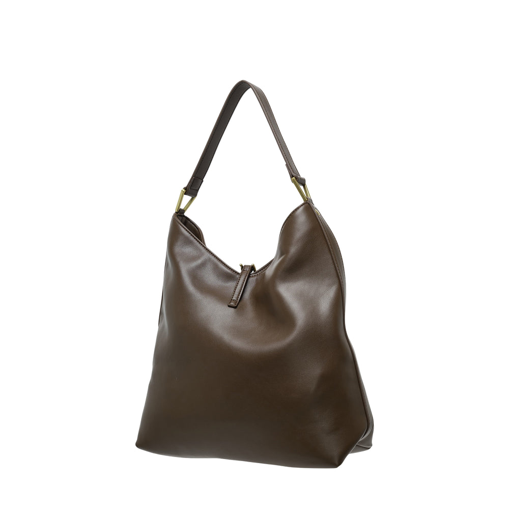 JW PEI Aria Shoulder Bag in dark brown smooth vegan leather with a slouchy hobo silhouette, single slim strap, antique gold-tone hardware, and central drawstring closure
