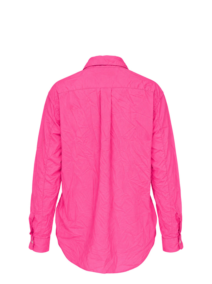 Comme des Garçons Black long sleeve pink crinkled shirt with curved seams, draped hem and side zip pockets - view 2