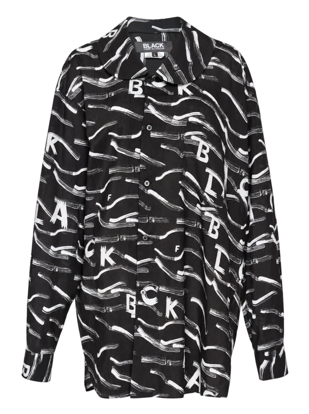 Comme des Garçons BLACK Filip Pagowski long sleeve oversized shirt in black polyester lawn with all-over white brushstroke and fragmented letter print