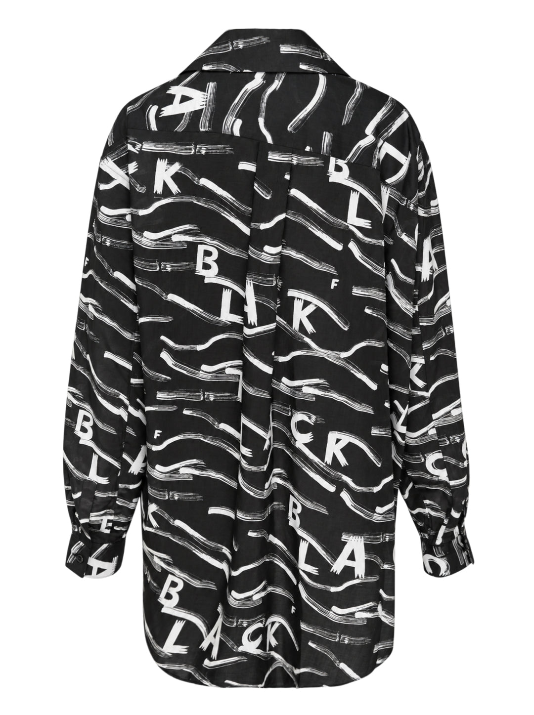 Comme des Garçons BLACK Filip Pagowski long sleeve oversized shirt in black polyester lawn with all-over white brushstroke and fragmented letter print - view 2