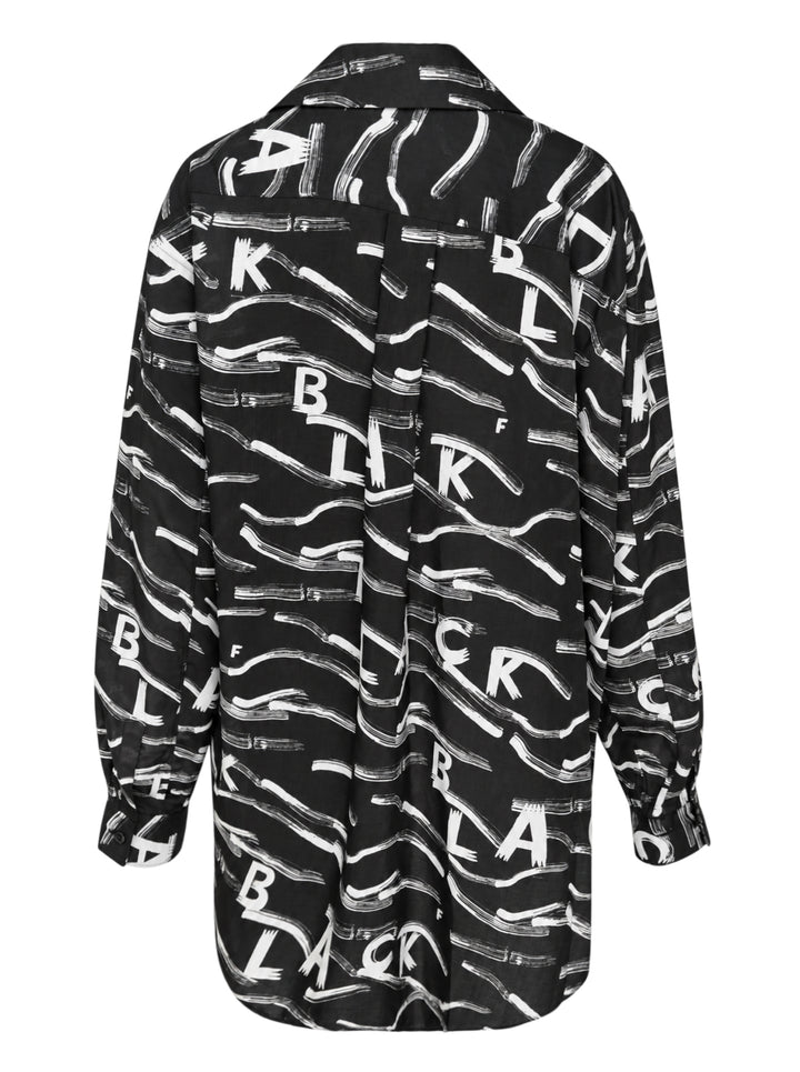 Comme des Garçons BLACK Filip Pagowski long sleeve oversized shirt in black polyester lawn with all-over white brushstroke and fragmented letter print - view 2