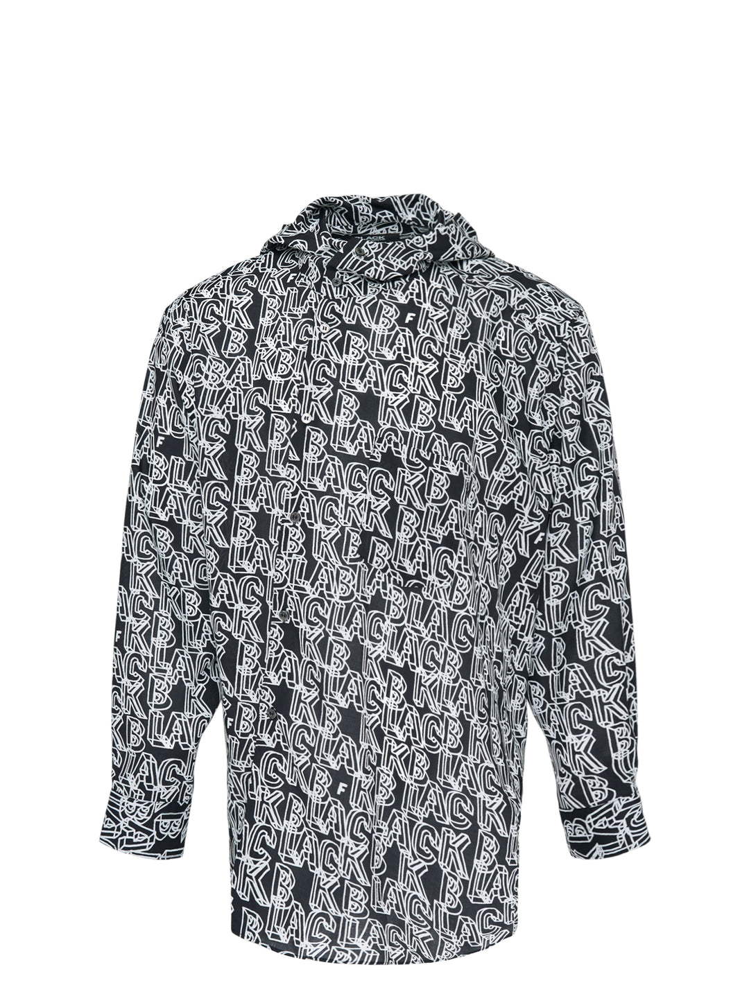 Comme des Garçons Black long sleeve hooded shirt with Filip Pagowski all-over 'BLACK' text print in white outline lettering on a dark ground, back view