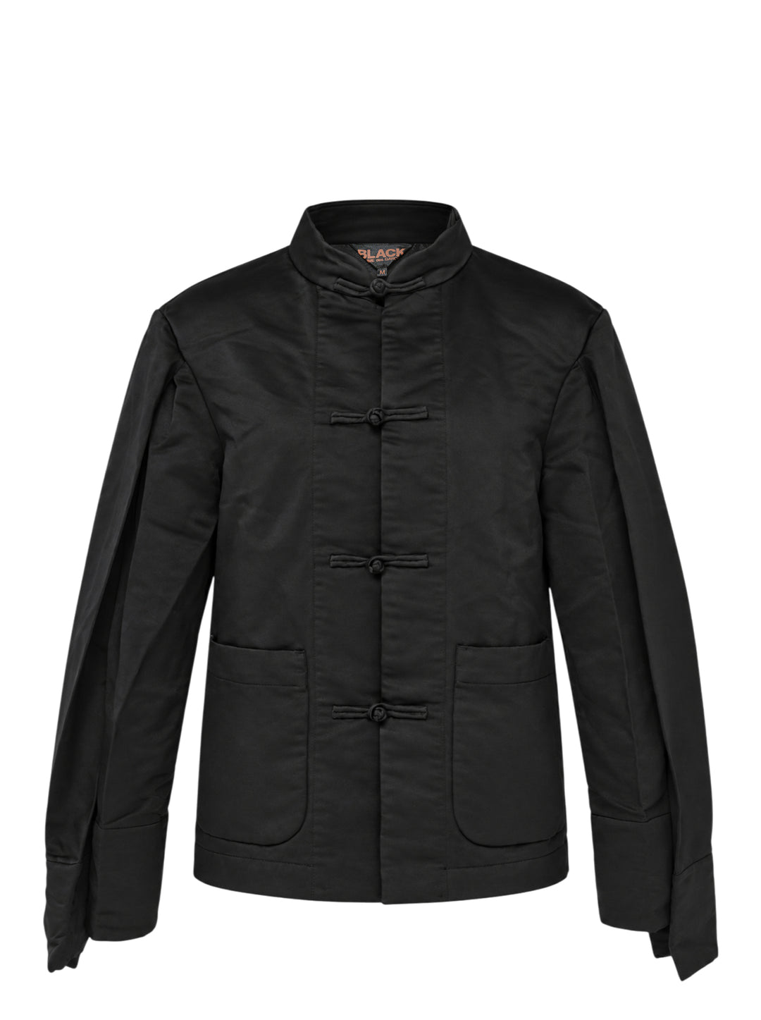 Comme des Garçons BLACK heavy polyester satin jacket in black, featuring a mandarin collar, three frog-button closures, and two patch pockets on a white background