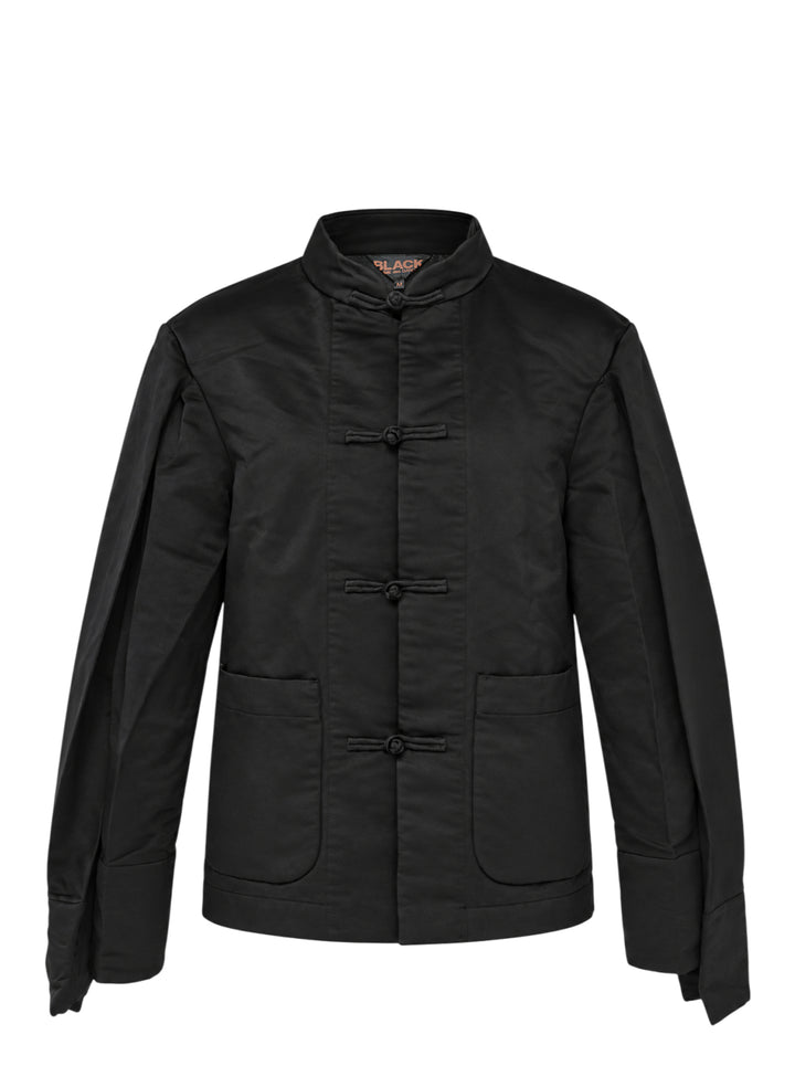 Comme des Garçons BLACK heavy polyester satin jacket in black, featuring a mandarin collar, three frog-button closures, and two patch pockets on a white background