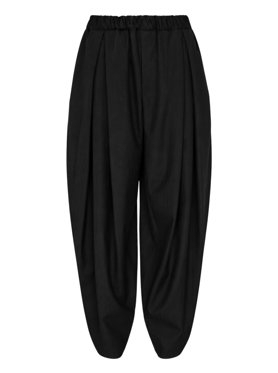 Comme des Garçons Black pleated balloon trousers in black polyester and wool herringbone with an elasticated waist, shown from the front