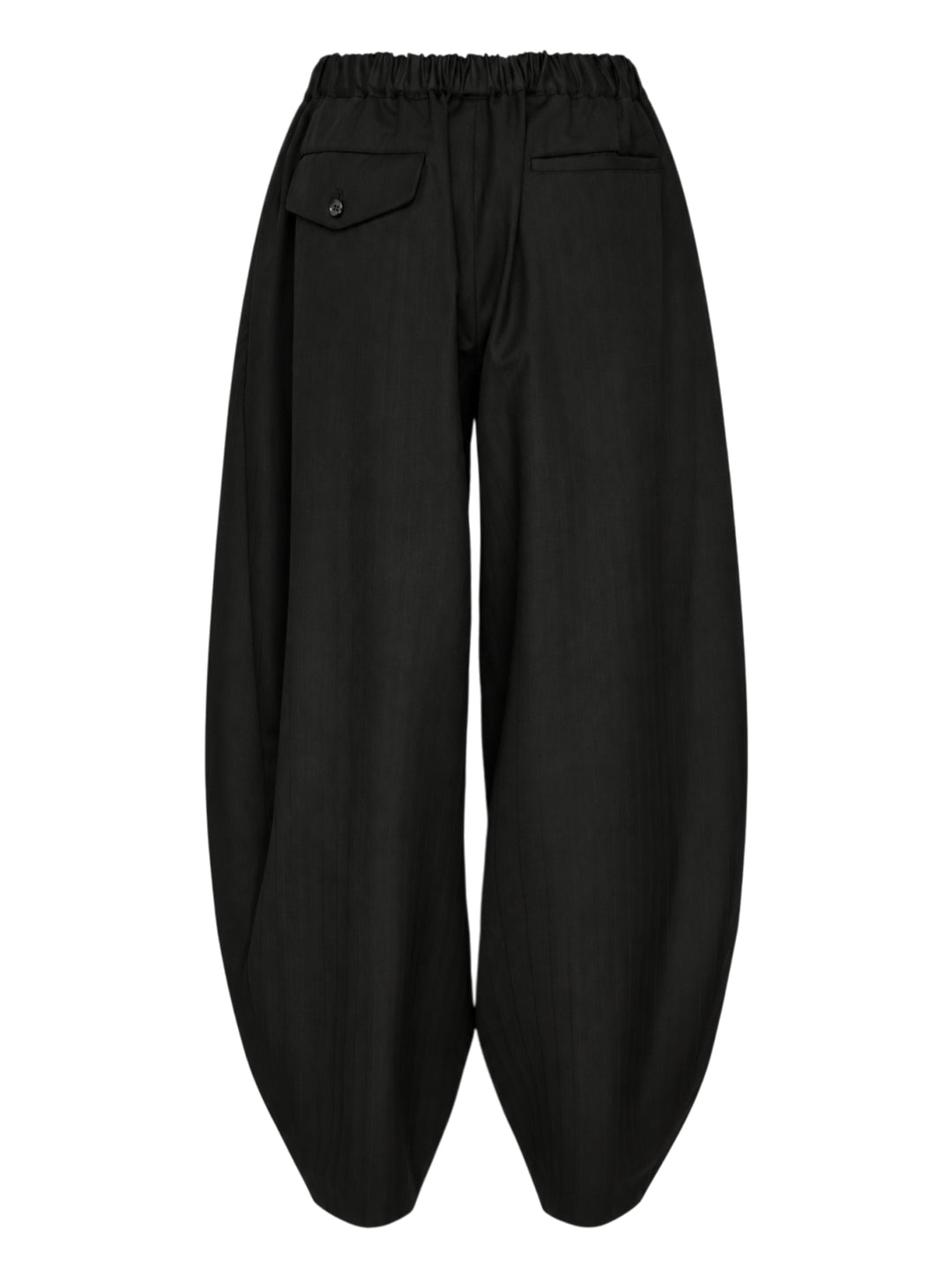 Comme des Garçons Black pleated balloon trousers in black polyester and wool herringbone with an elasticated waist, shown from the front - view 2