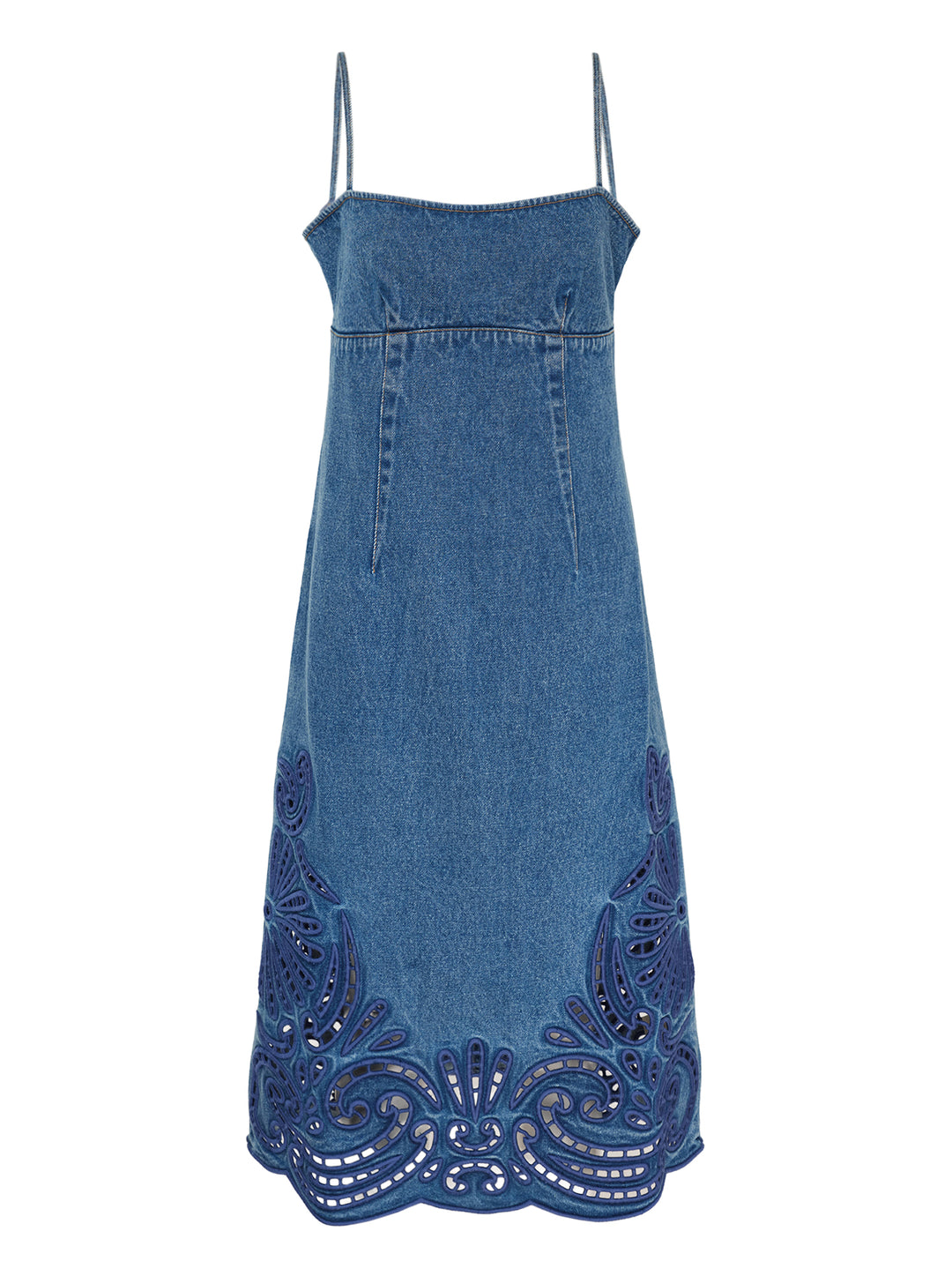 Ulla Johnson Jane Eyelet Denim Dress in washed blue denim with spaghetti straps, empire waist and indigo cutwork embroidery along the scalloped hem