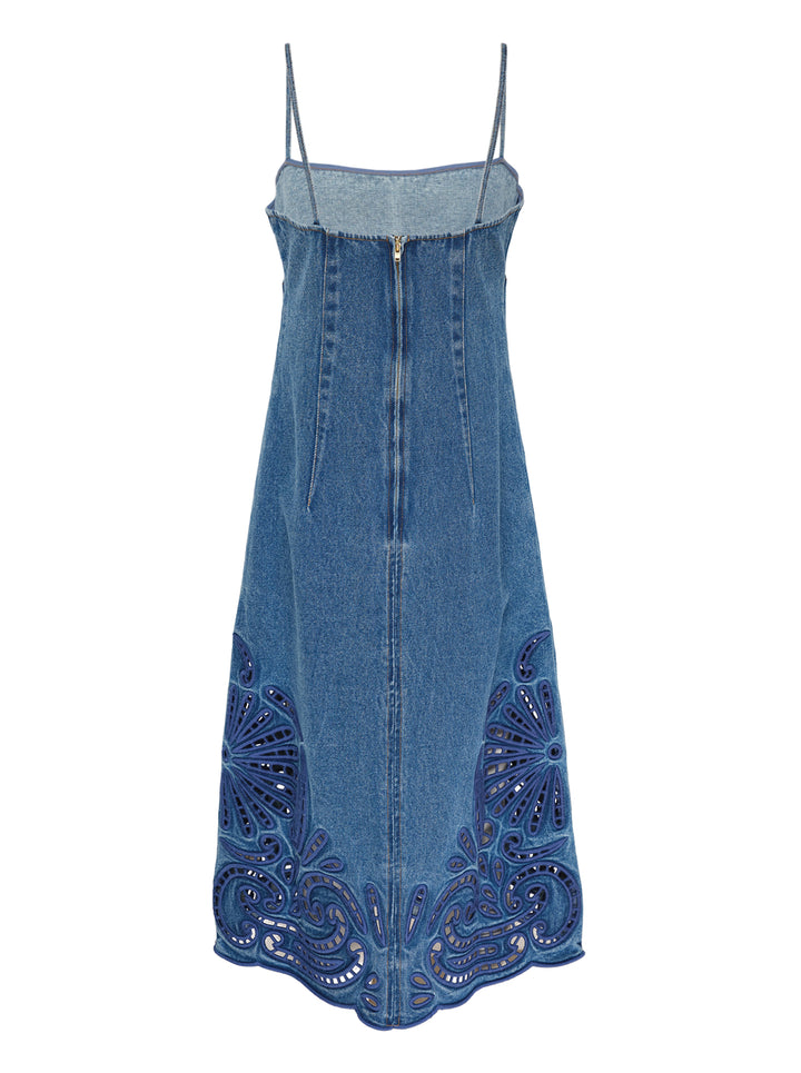 Ulla Johnson Jane Eyelet Denim Dress in washed blue denim with spaghetti straps, empire waist and indigo cutwork embroidery along the scalloped hem - view 2