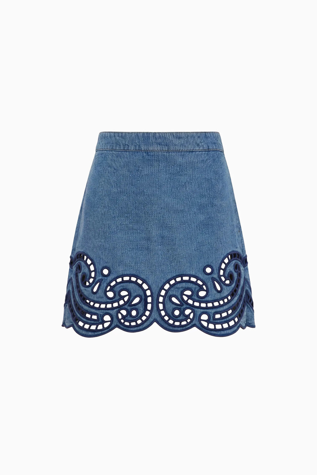 Ulla Johnson Cadiz mini skirt in washed blue denim with navy eyelet scrollwork embroidery and a scalloped hem