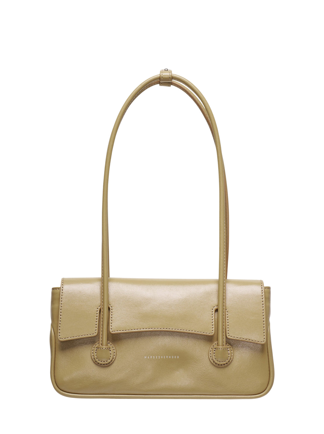 Marge Sherwood Flap Small shoulder bag in olive tan smooth leather with tubular twin top handles gathered at a single ring, front flap closure, and contrast topstitching, front view on white background