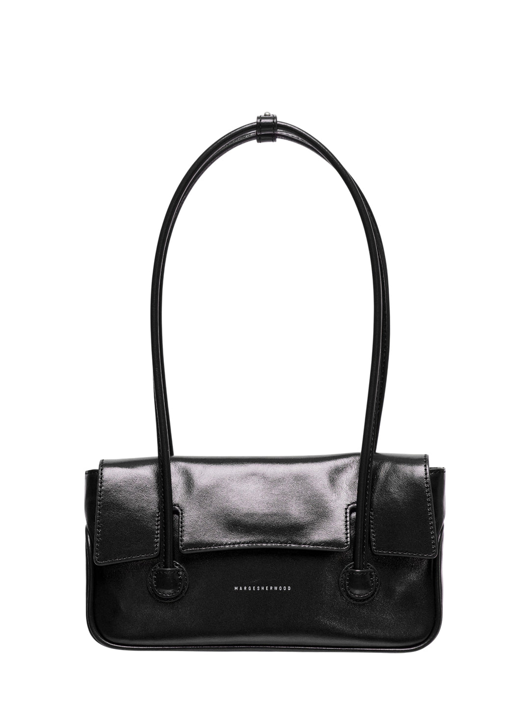 Marge Sherwood Flap Small shoulder bag in black high-shine leather with a looped top handle, front flap closure, twin side pockets, ring hardware, and contrast topstitching on a white background