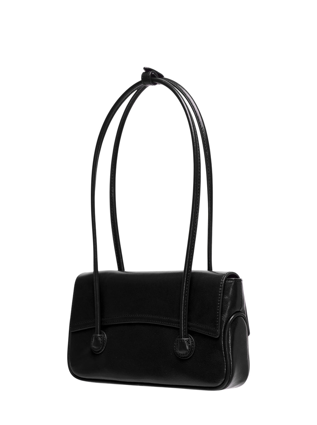 Marge Sherwood Flap Small shoulder bag in black high-shine leather with a looped top handle, front flap closure, twin side pockets, ring hardware, and contrast topstitching on a white background - view 2