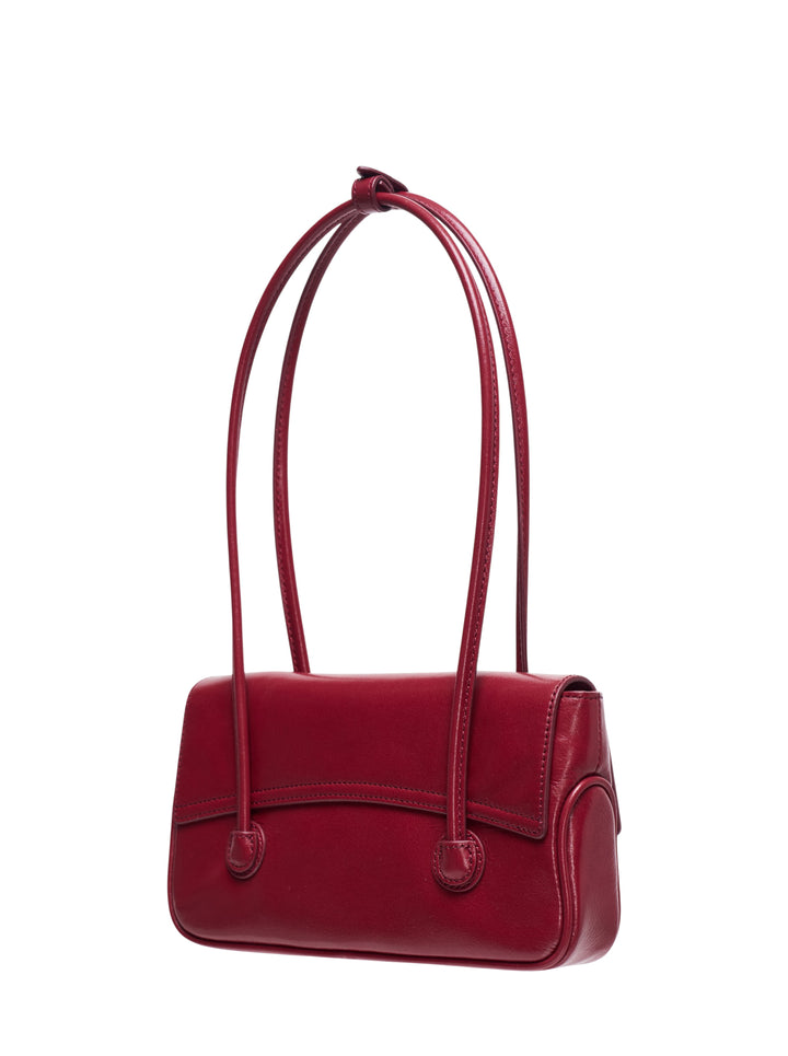 Marge Sherwood Flap Small shoulder bag in deep crimson glossy leather with elongated shoulder strap and dual ring loop hardware - view 2
