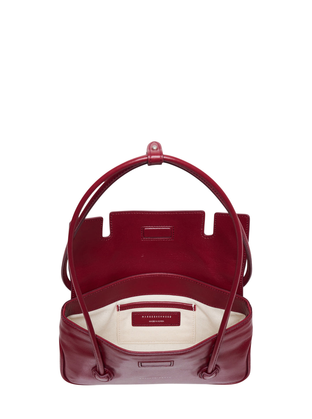 Marge Sherwood Flap Small shoulder bag in deep crimson glossy leather with elongated shoulder strap and dual ring loop hardware - view 3