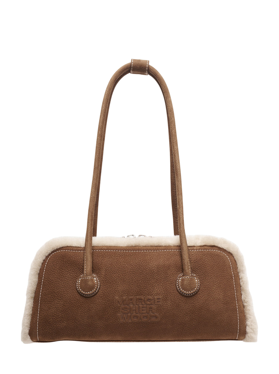 Marge Sherwood Soft Boston EW shoulder bag in pebbled tan leather with cream shearling trim, dual straps, white contrast stitching, and embossed logo on front