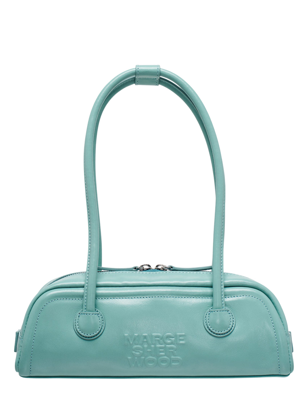 Marge Sherwood Soft Boston EW Mini shoulder bag in mint green smooth leather with dual arched top handles and embossed logo
