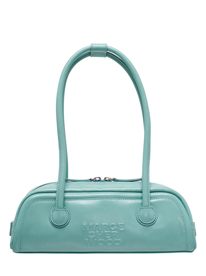 Marge Sherwood Soft Boston EW Mini shoulder bag in mint green smooth leather with dual arched top handles and embossed logo