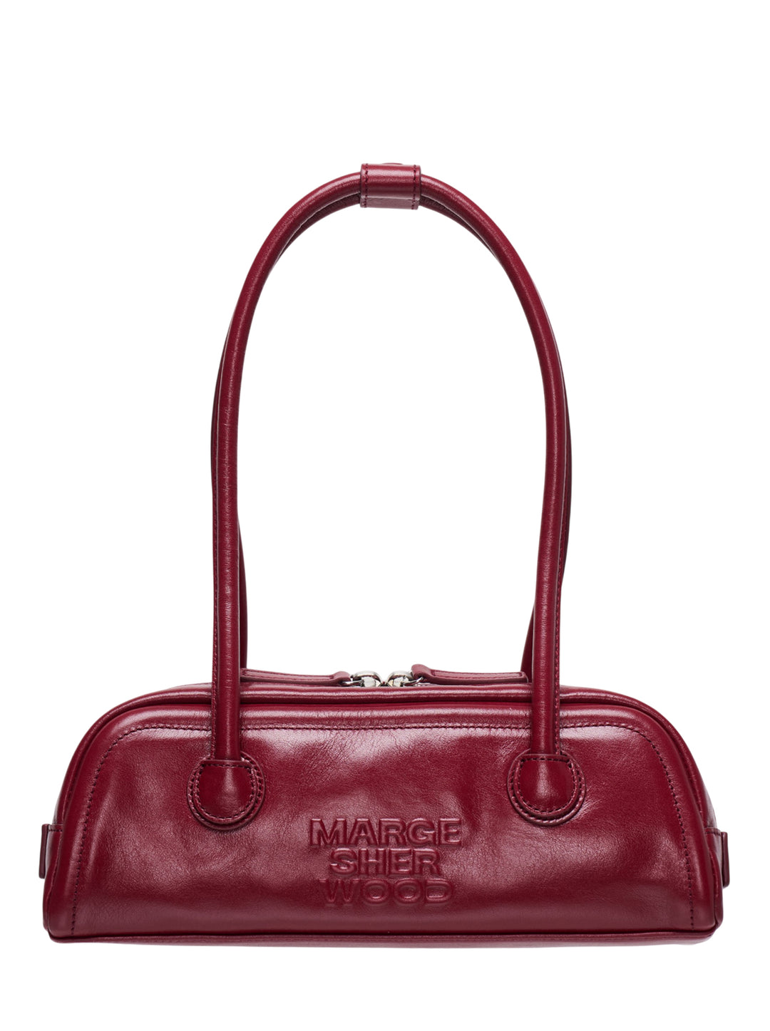 Marge Sherwood Soft Boston EW Mini shoulder bag in deep burgundy crinkle-glazed leather with arched double top handles and embossed logo, front view on white background