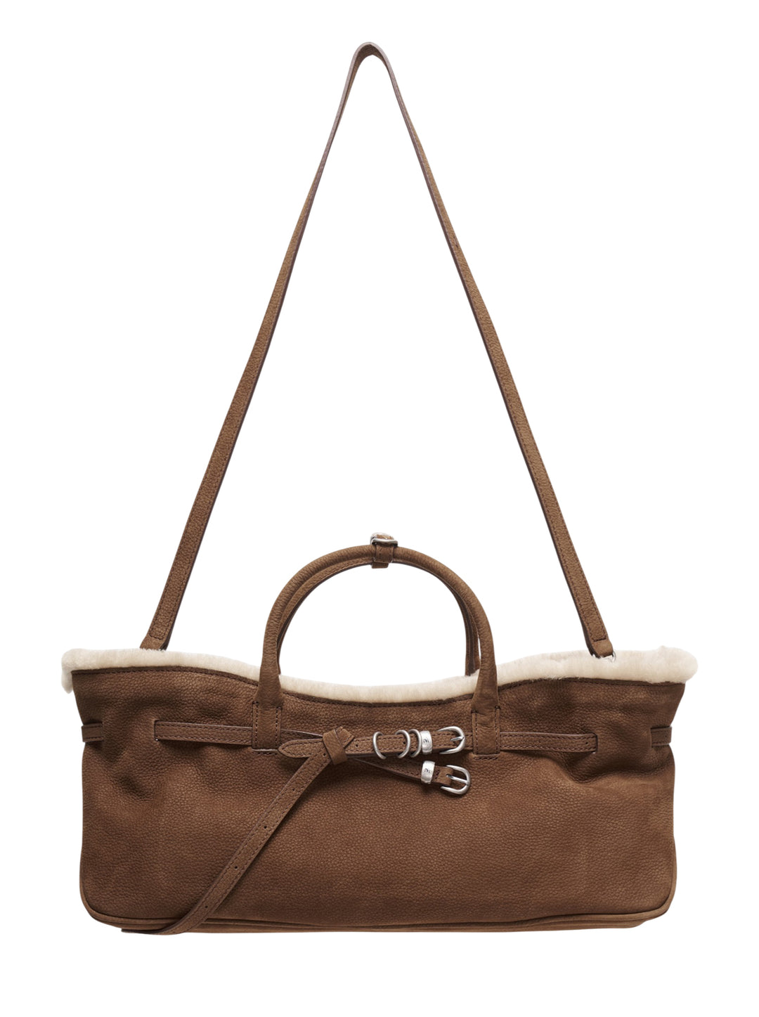 Marge Sherwood Grandma tote bag in tan pebbled leather with cream shearling trim, dual top handles, long adjustable strap, and double-buckle belt detail on the front