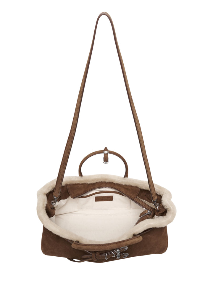 Marge Sherwood Grandma tote bag in tan pebbled leather with cream shearling trim, dual top handles, long adjustable strap, and double-buckle belt detail on the front - view 3
