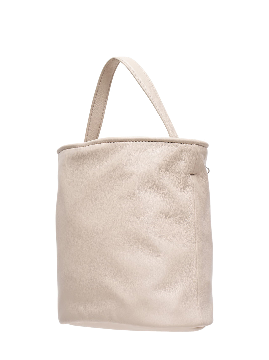 Marge Sherwood Wired Bucket Bag in pebbled cream leather with a single top handle, three silver chain drops, and a sculptural metal charm pendant at centre - view 2