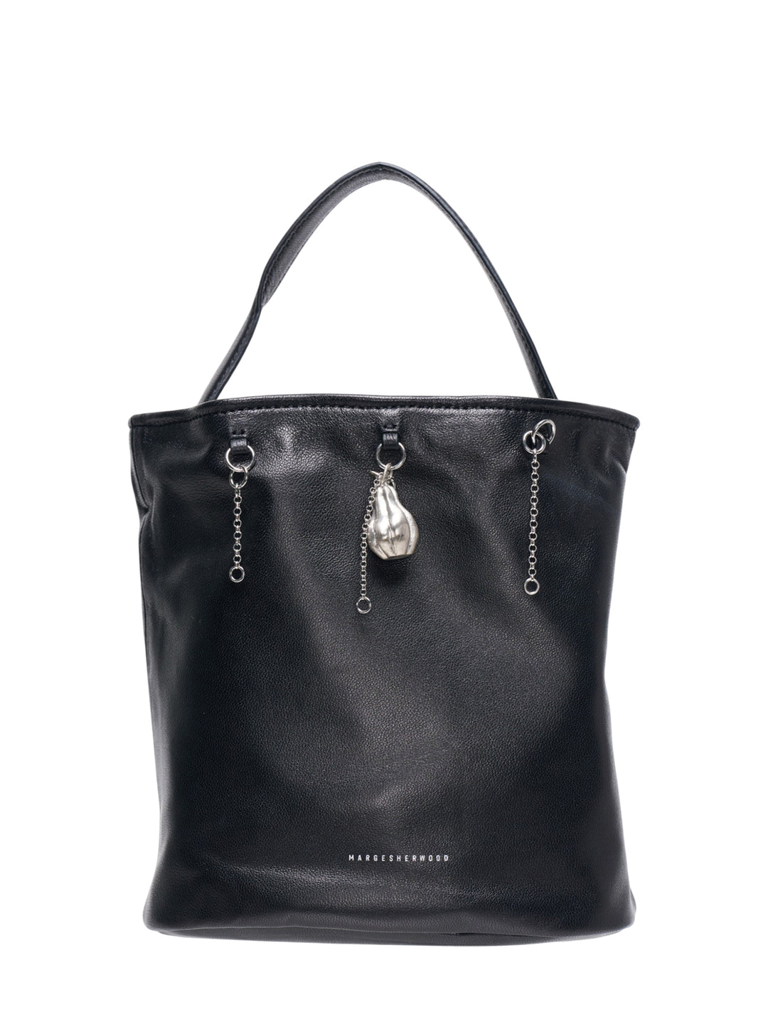 Marge Sherwood Wired Bucket Bag in black pebbled leather with silver-tone chain drops and sculptural charm pendant, shown on a white background