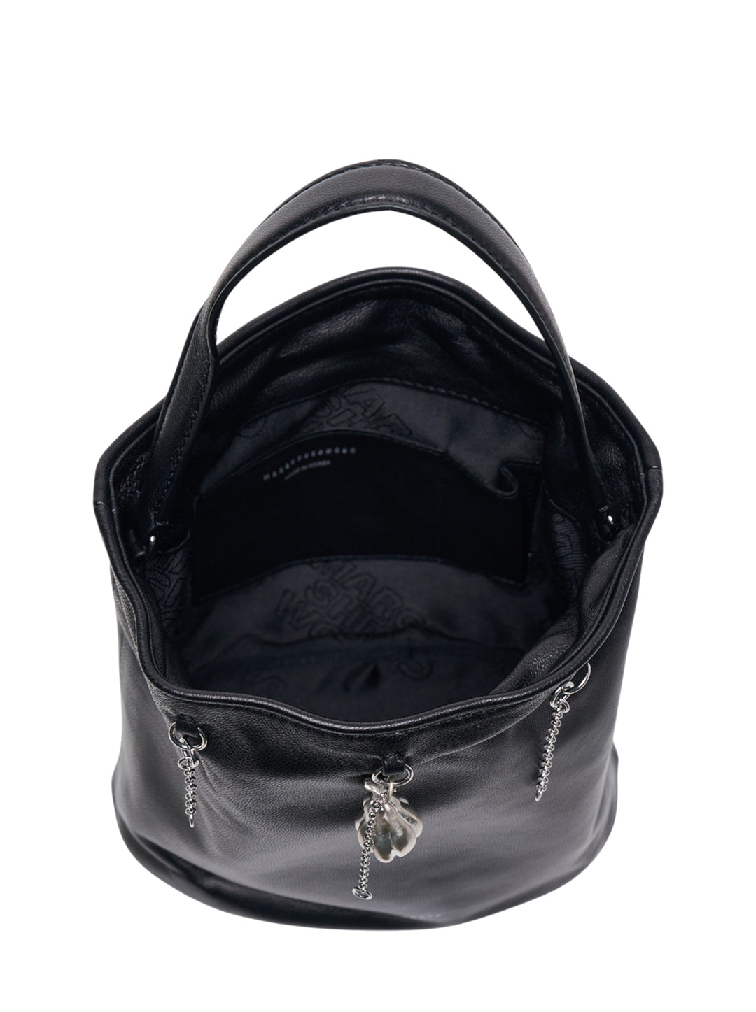 Marge Sherwood Wired Bucket Bag in black pebbled leather with silver-tone chain drops and sculptural charm pendant, shown on a white background - view 3