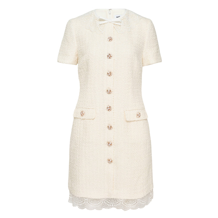 Cream Bouclé Lace Trim Mini Dress