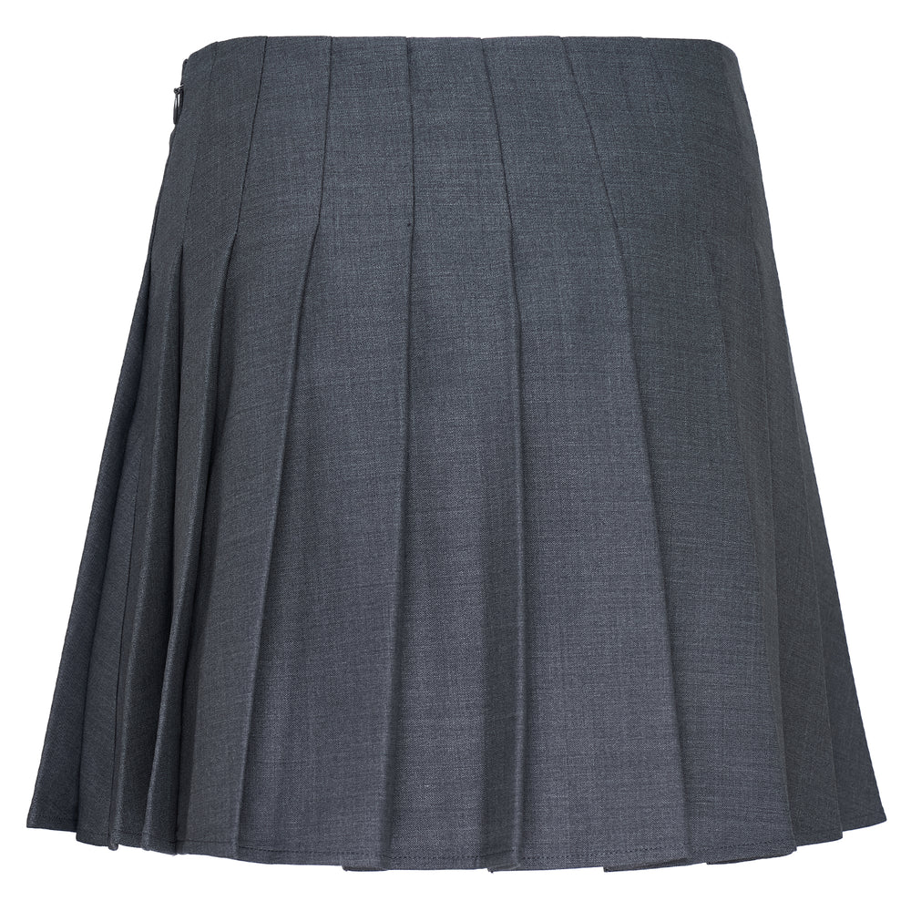 Self-Portrait grey pleated mini skirt with all-around knife pleats and a fitted waistband, displayed on a white background