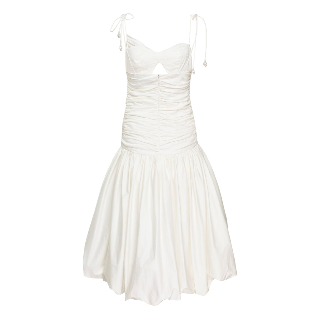White Cotton Gathered Midi Dress