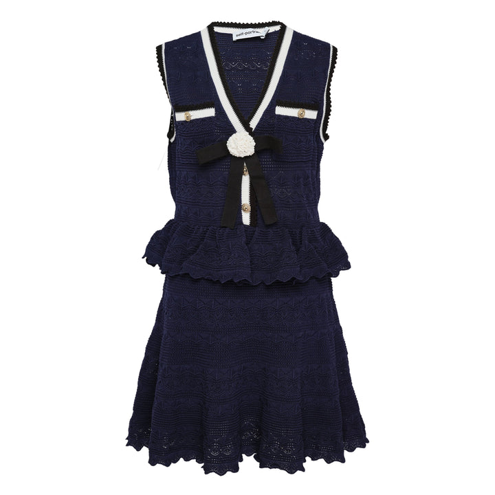 Navy Peplum Pointelle Knit Mini Dress