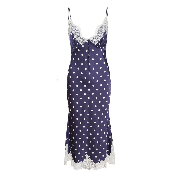 Navy Polka Dot Satin Midi Dress