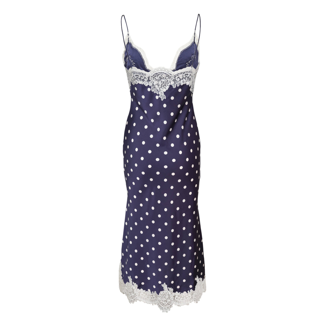 Navy Polka Dot Satin Midi Dress