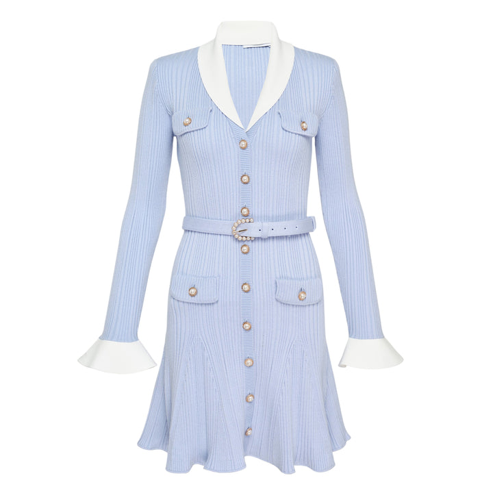 Blue Ribbed Knit Mini Dress