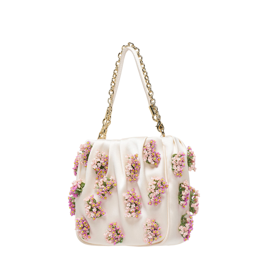 Cream Satin Floral Beaded Tote