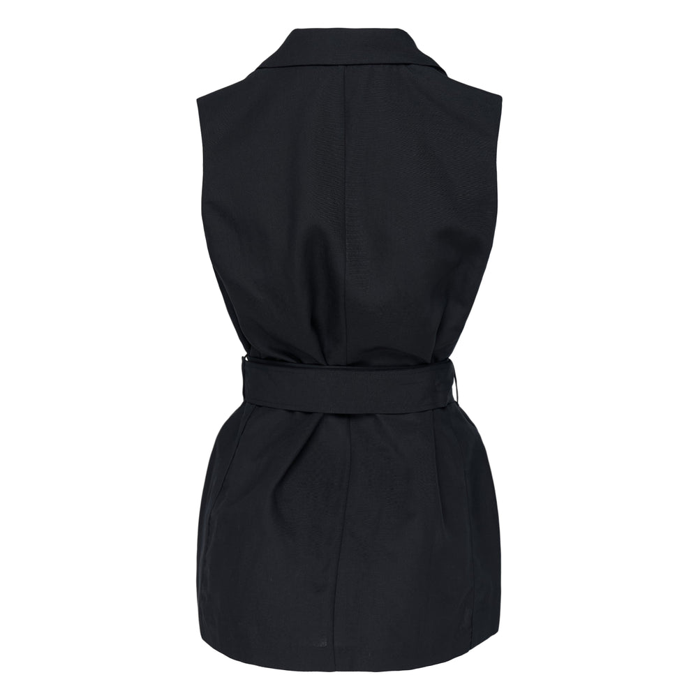 rag & bone Mandi Belted Vest in black, featuring a sleeveless wrap silhouette with notched lapels and a wide D-ring belt at the waist