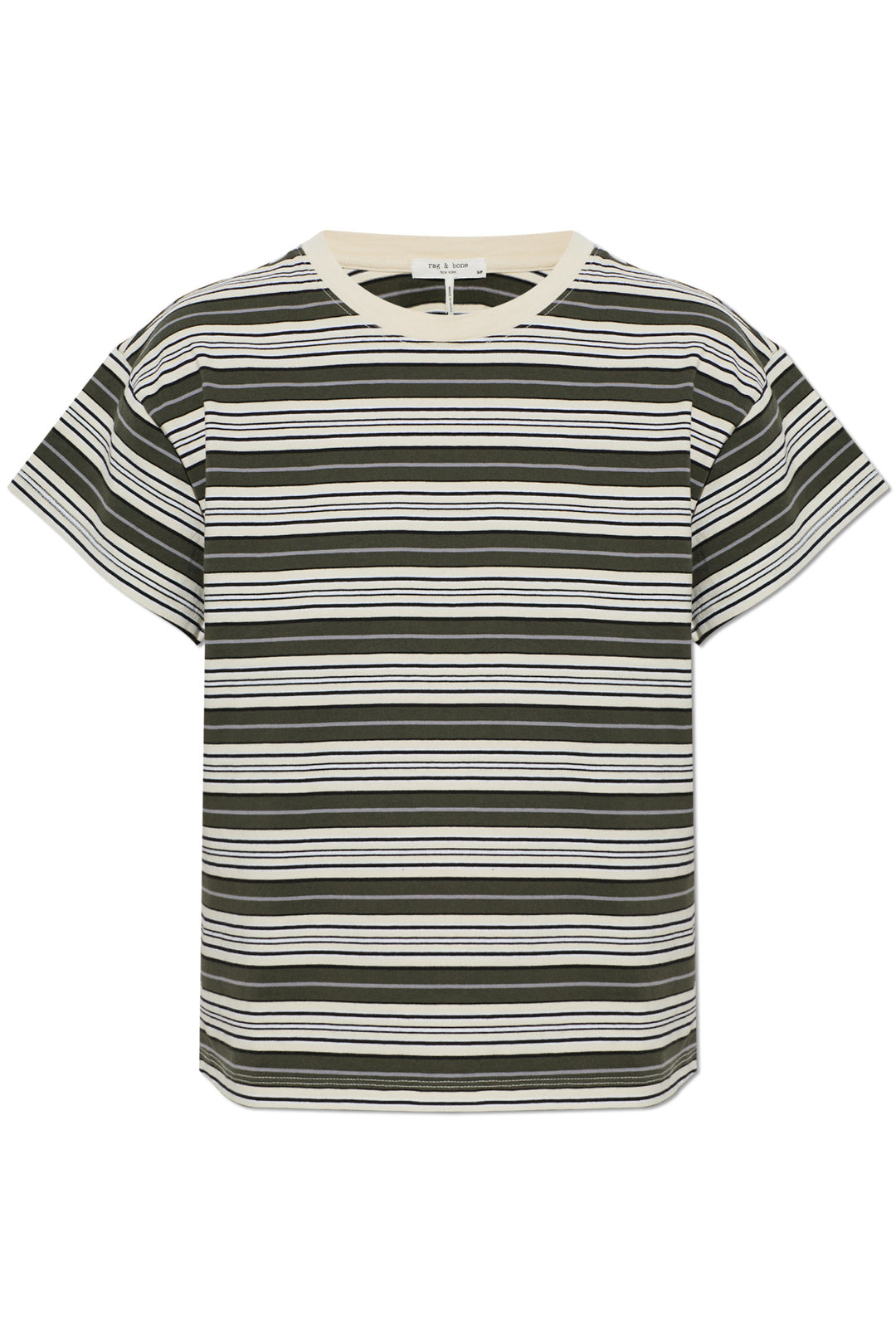 rag & bone Kelly Stripe Boxy Jersey Tee in olive, cream, navy and lavender multi-stripe with cream crew neck, front view