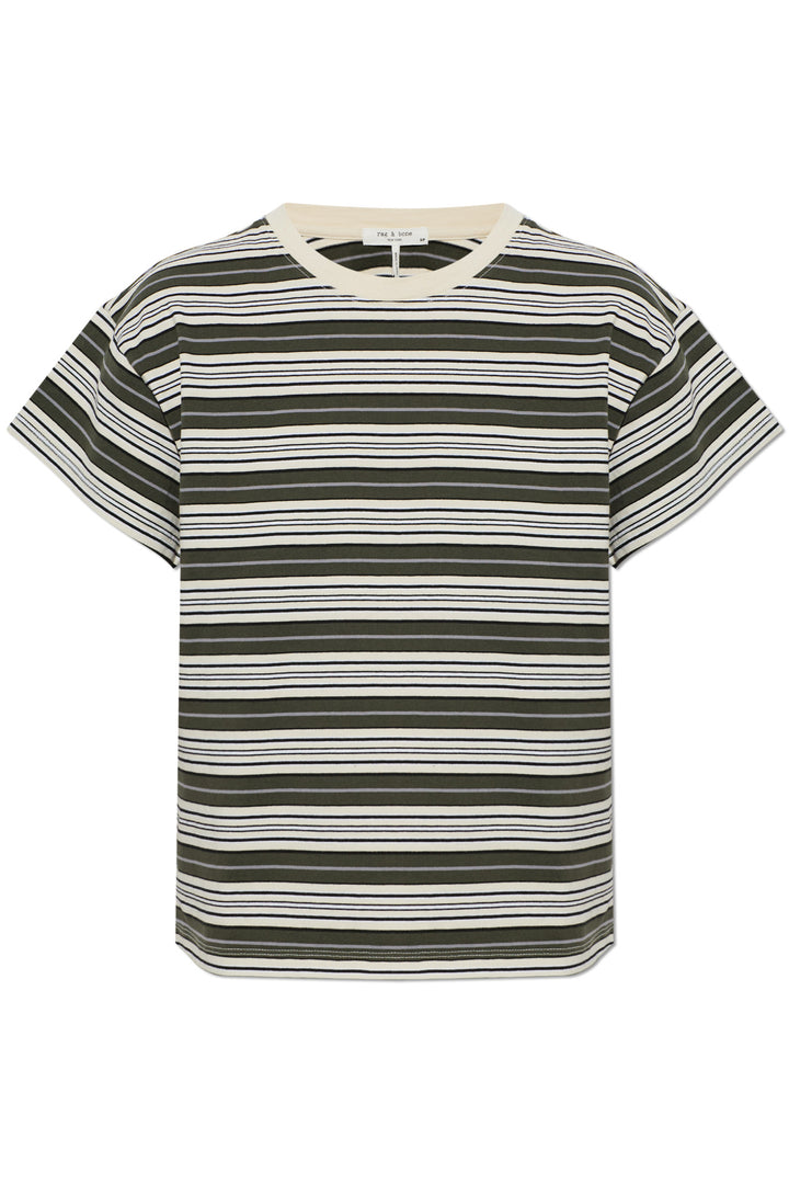rag & bone Kelly Stripe Boxy Jersey Tee in olive, cream, navy and lavender multi-stripe with cream crew neck, front view