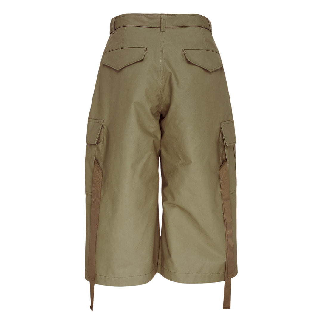 sacai Cotton Weather Cargo Shorts in olive green with wide-leg silhouette, front pleats, patch cargo pockets, and integrated buckle belt - view 2
