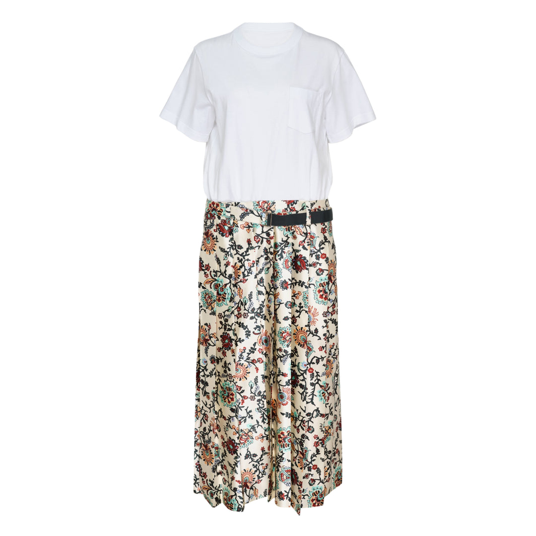 sacai Floral Print Cotton Jersey Dress with black T-shirt bodice and brown floral pleated midi skirt, front view
