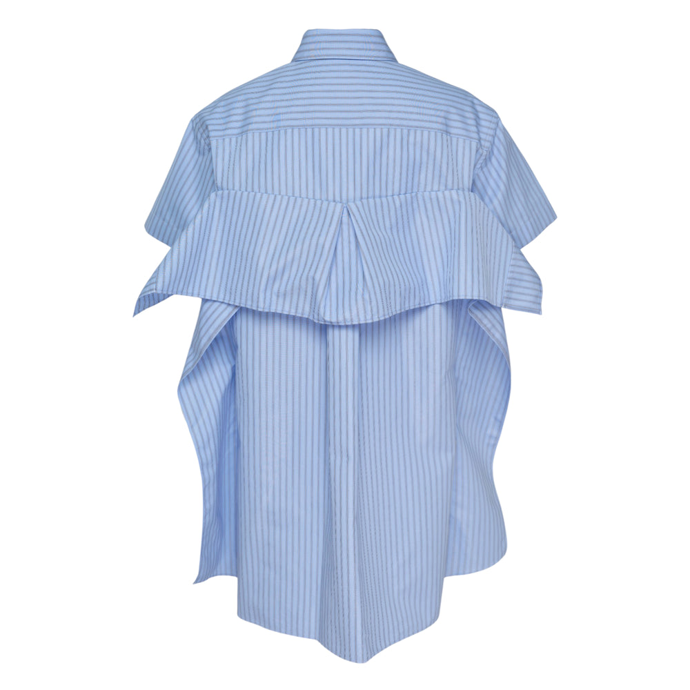 sacai black cotton poplin short-sleeve shirt dress with oversized bow waist detail and voluminous pleated skirt, front view on white background