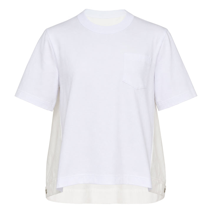 sacai Denim x Cotton Jersey T-Shirt in black and indigo, featuring panelled denim sides, a flared hem, ribbed crew neck, and a patch chest pocket