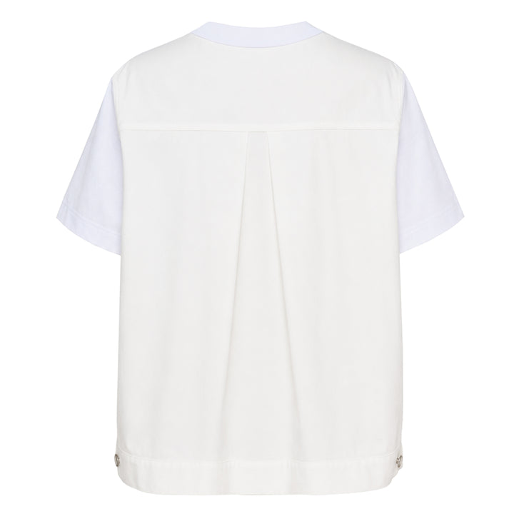 sacai Denim x Cotton Jersey T-Shirt in black and indigo, featuring panelled denim sides, a flared hem, ribbed crew neck, and a patch chest pocket