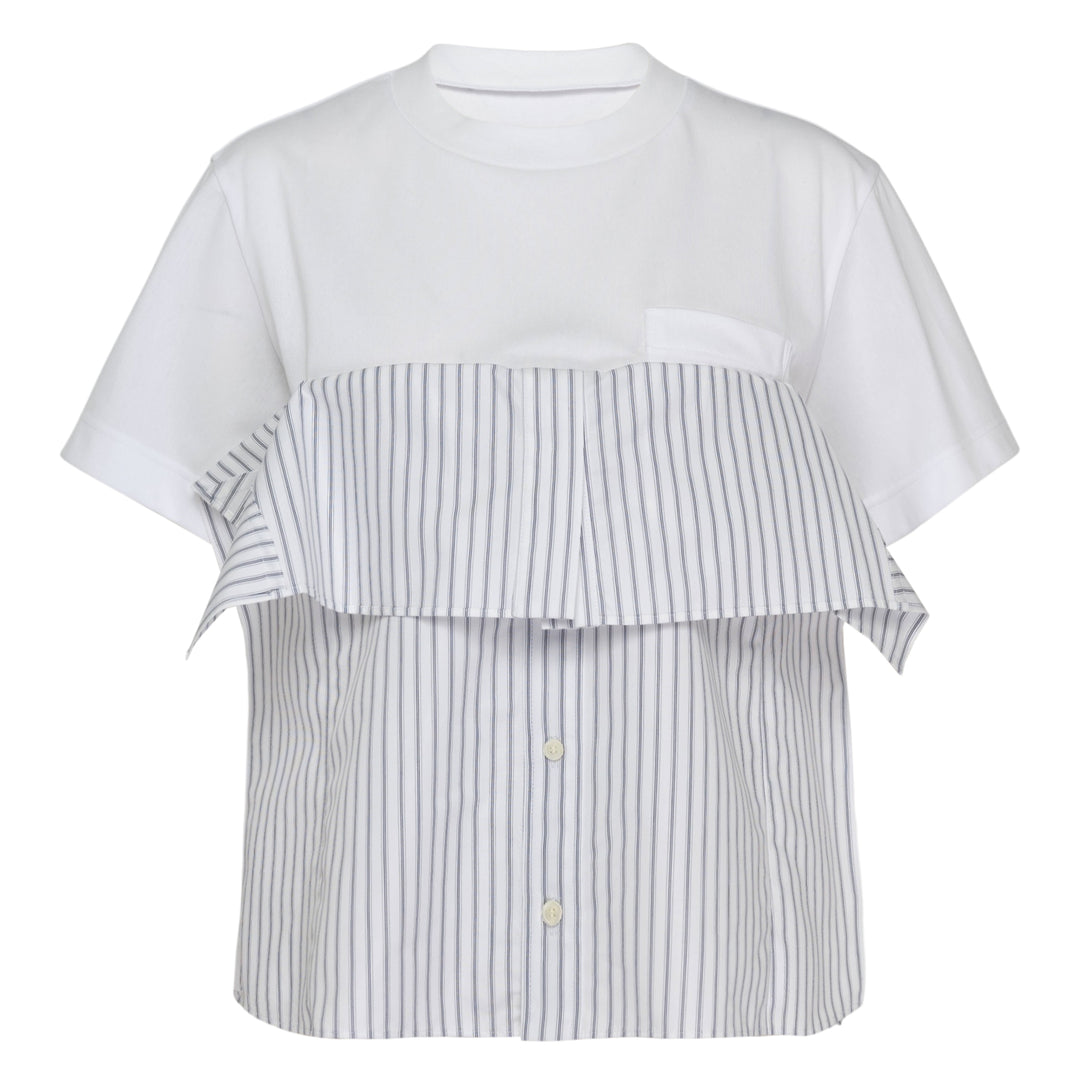 sacai Poplin x Cotton Jersey T-Shirt featuring a dark navy knit upper and a light blue vertical-striped poplin lower panel with a button placket, displayed flat on a white background