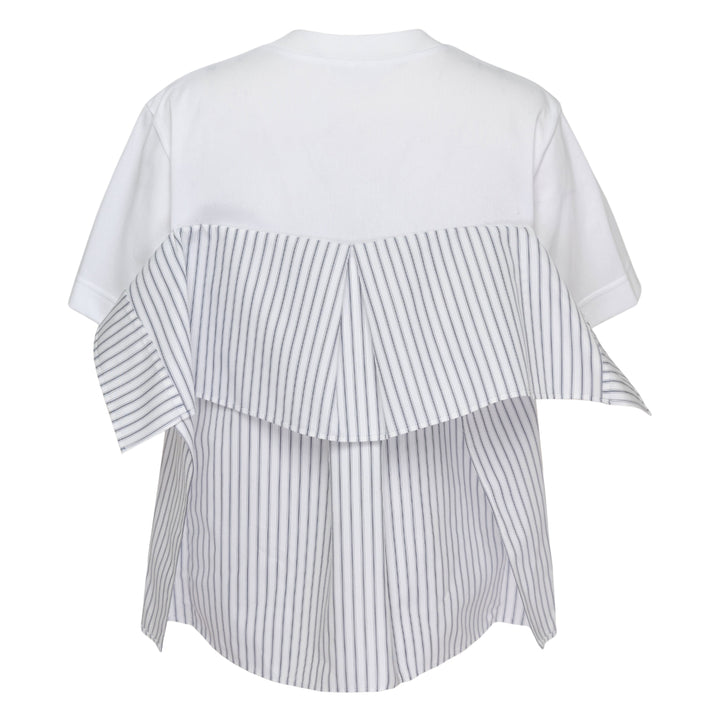 sacai Poplin x Cotton Jersey T-Shirt featuring a dark navy knit upper and a light blue vertical-striped poplin lower panel with a button placket, displayed flat on a white background