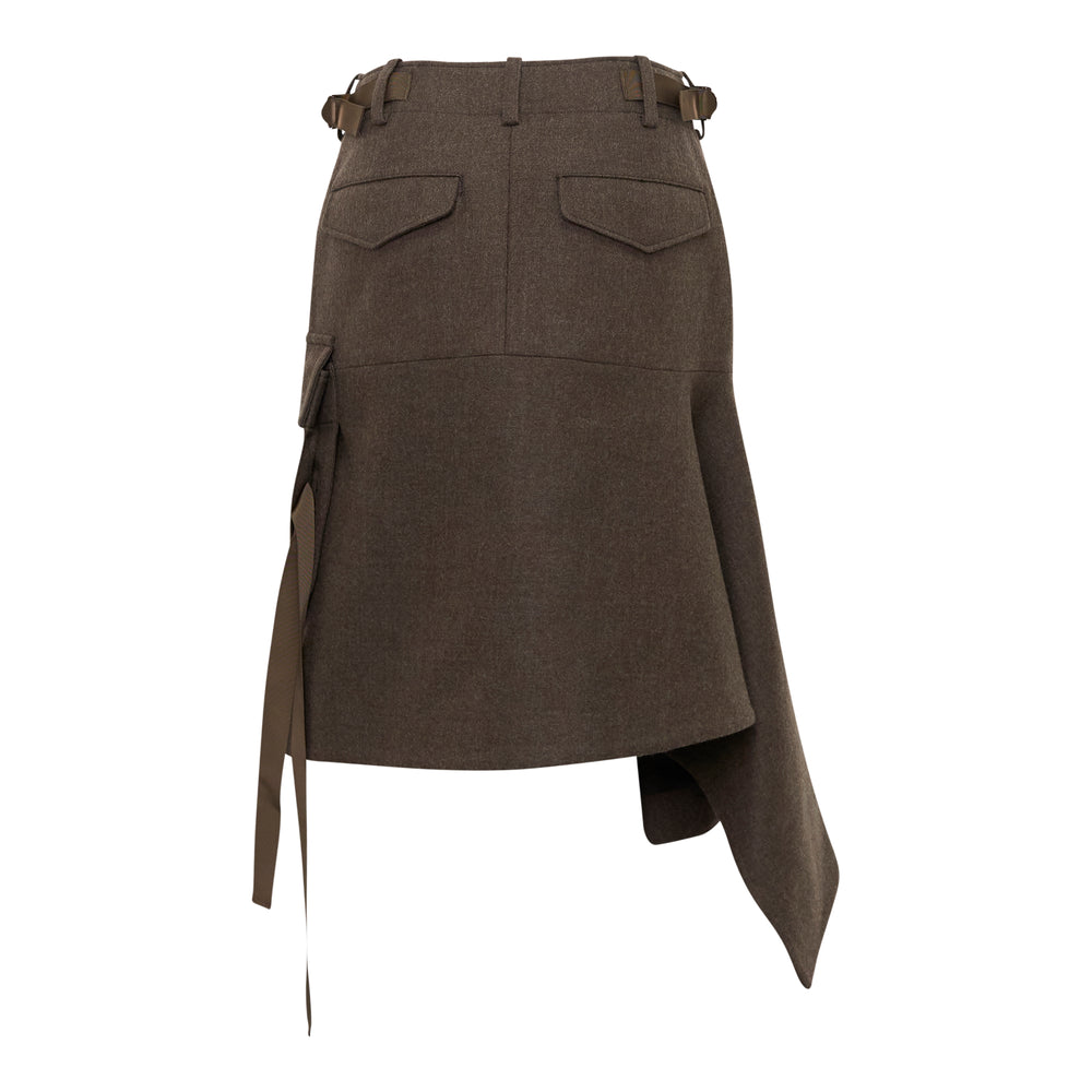 sacai Wool Melton asymmetric cargo skirt in dark brown, featuring a structured high-rise waistband with adjustable buckle, patch cargo pocket, and dramatic draped pointed hem - view 2
